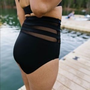 Kiava High Rise Black Mesh Swim Bikini Bottoms Large